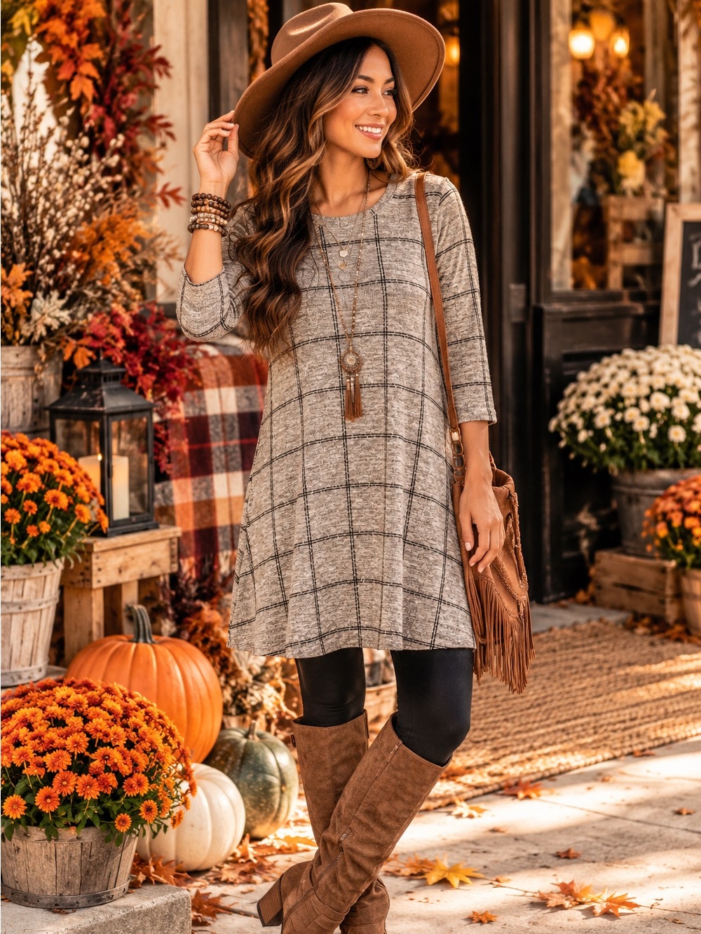 Fortune + Ivy Plaid Windowpane Knit Swing Dress Size Large 3/4 Sleeve